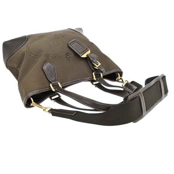 PRADA MILANO Logo 2Way Shoulder Hand Bag Jacquard Leather Brown GHW - Picture 3 of 15